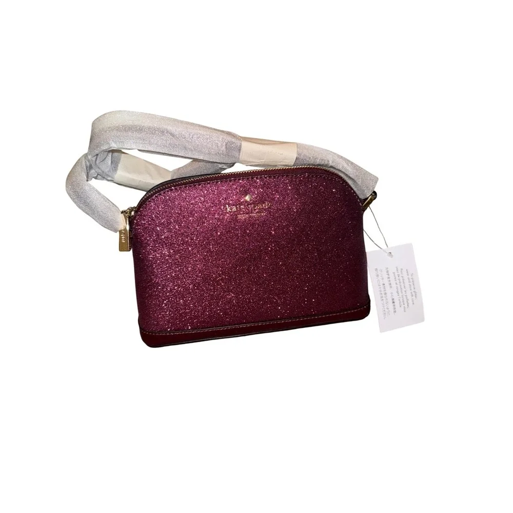 Kate Spade Glitter Crossbody Bag Burgundy Plum Dome Satchel NWT Gold Tone